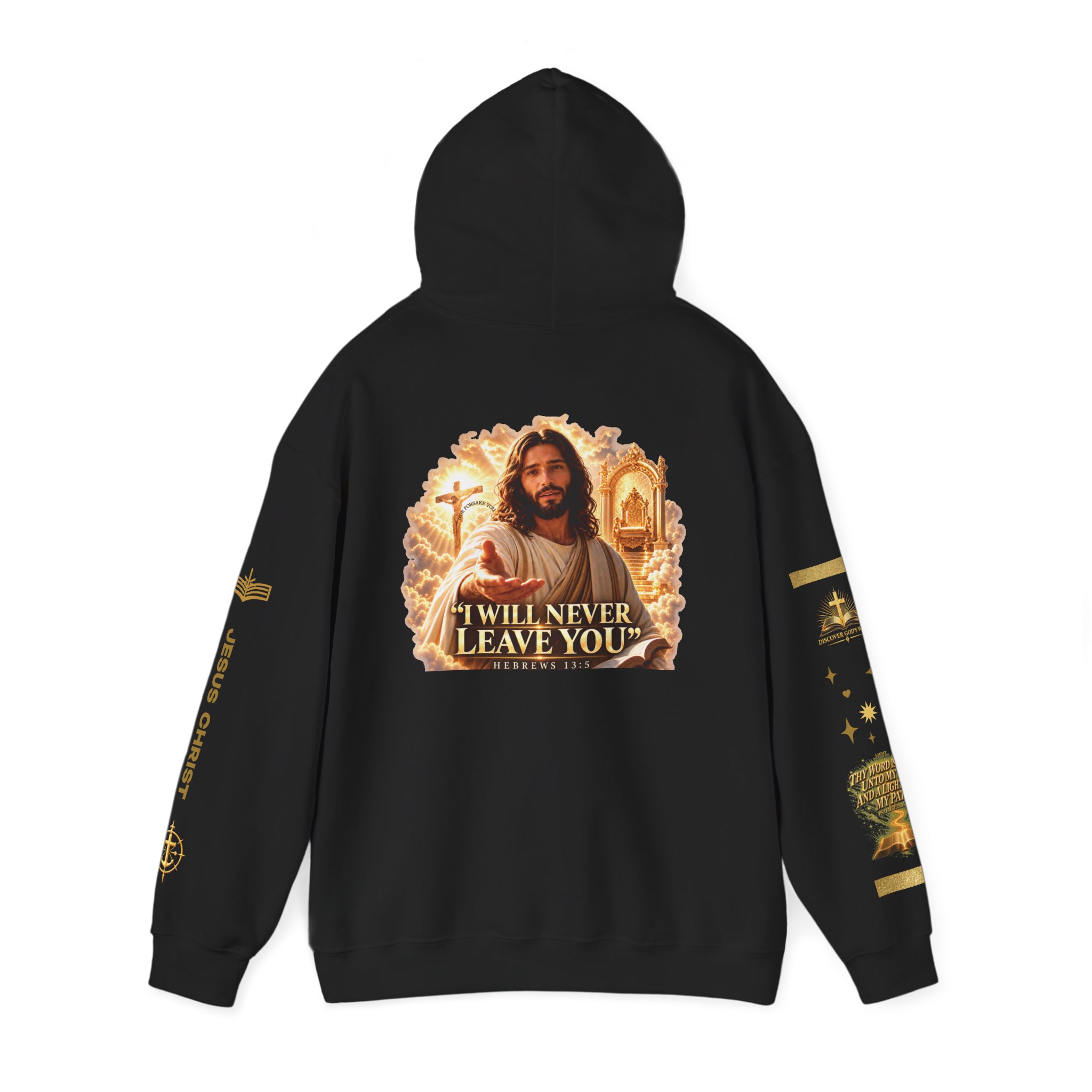 Alternate Printify back view of the black Scripture Hoodie