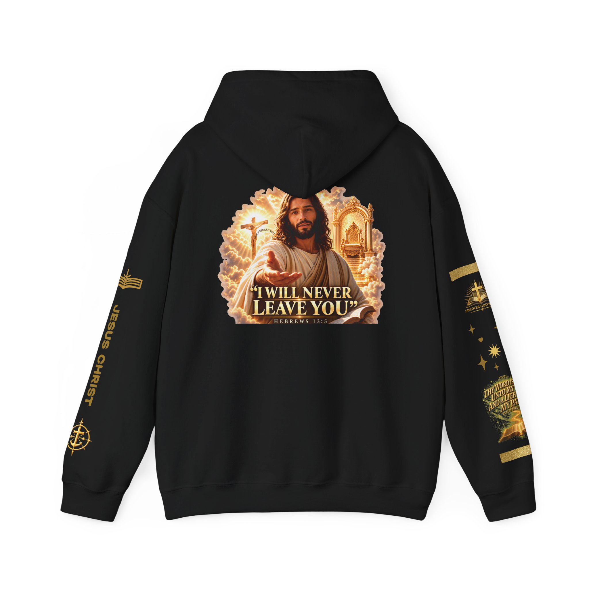 Printify mockup of the black Scripture Hoodie back with Jesus and the Hebrews 13:5 promise