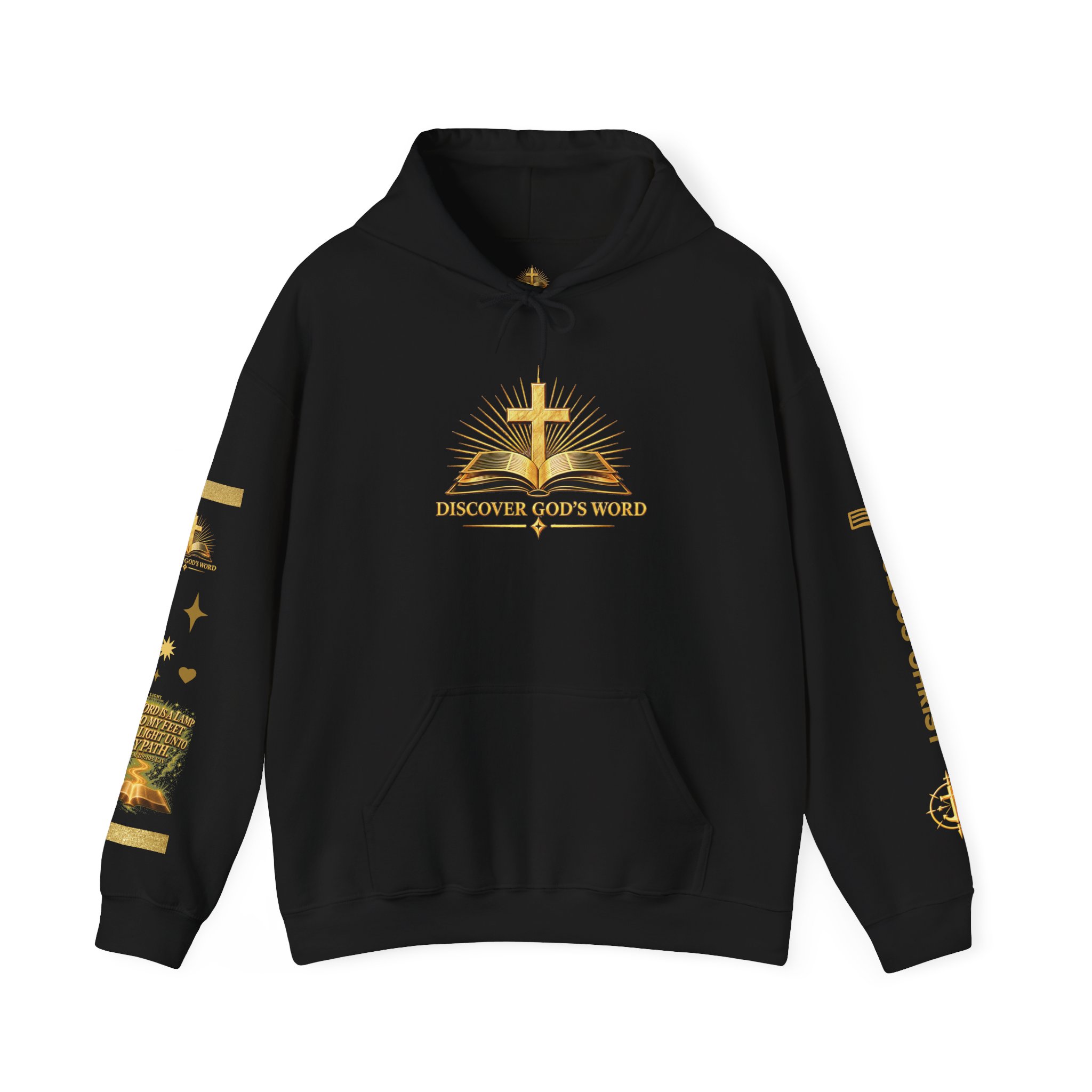 Printify mockup of the black Scripture Hoodie front with the gold Bible and cross logo and sleeve artwork
