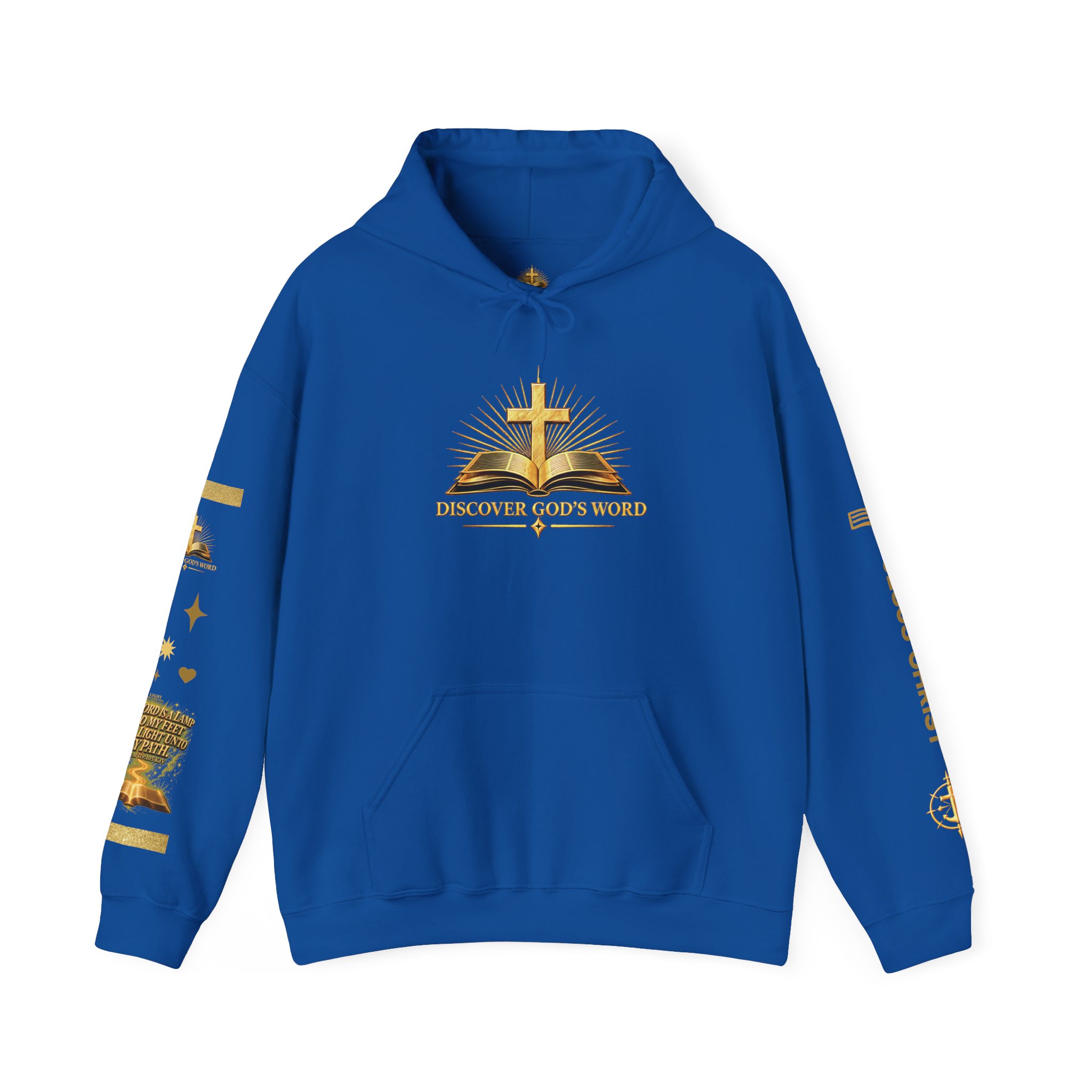 Printify mockup of the royal blue Scripture Hoodie front with gold logo and sleeve artwork