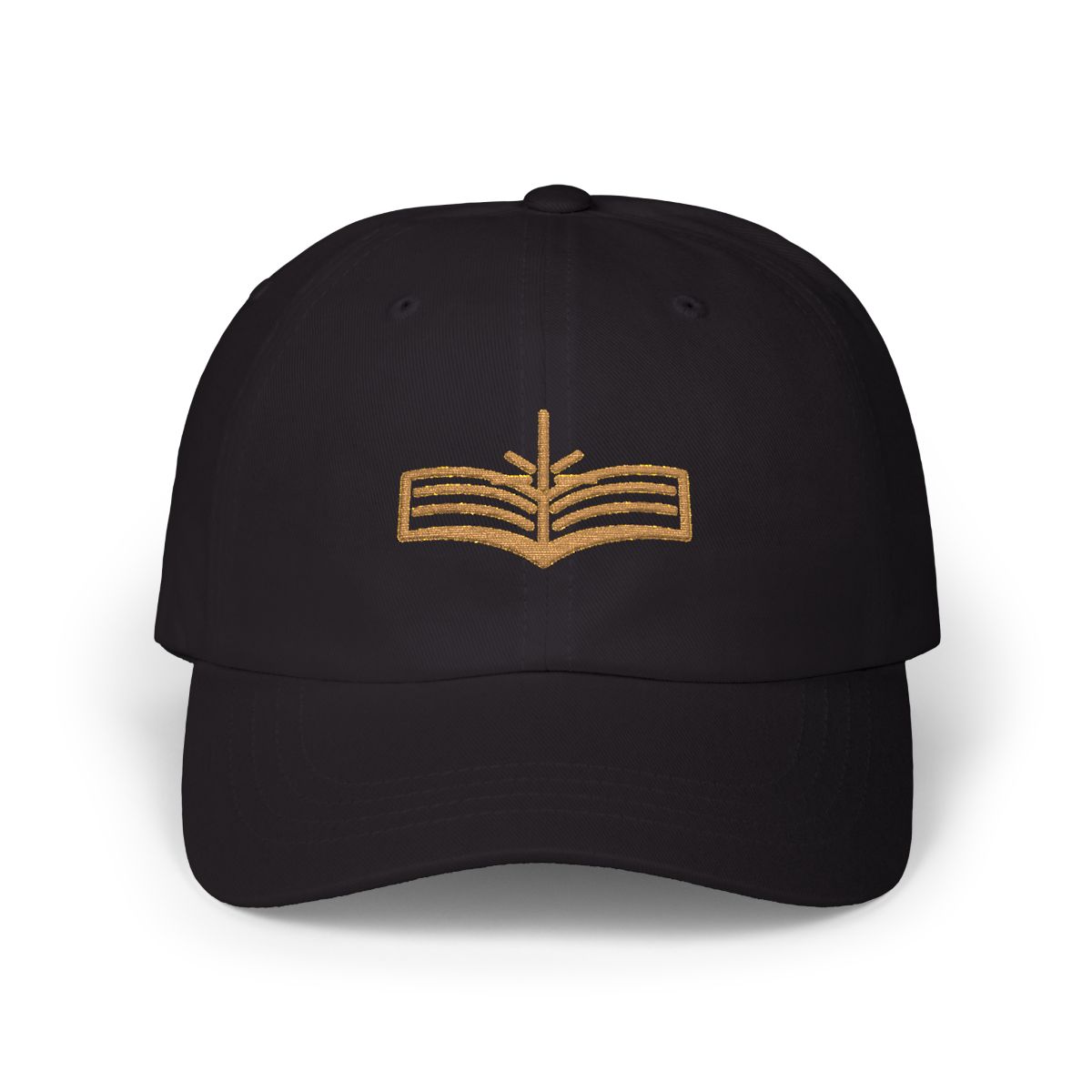 Black Radiant Covenant cap with the gold embroidered open-Bible emblem