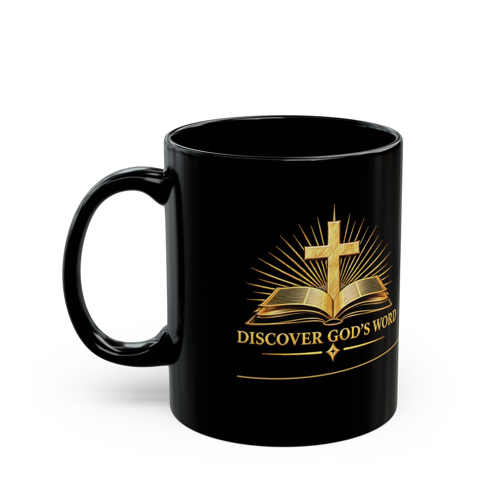 Black Trust His Wisdom mug, reverse side with gold Discover God’s Word Bible and cross logo