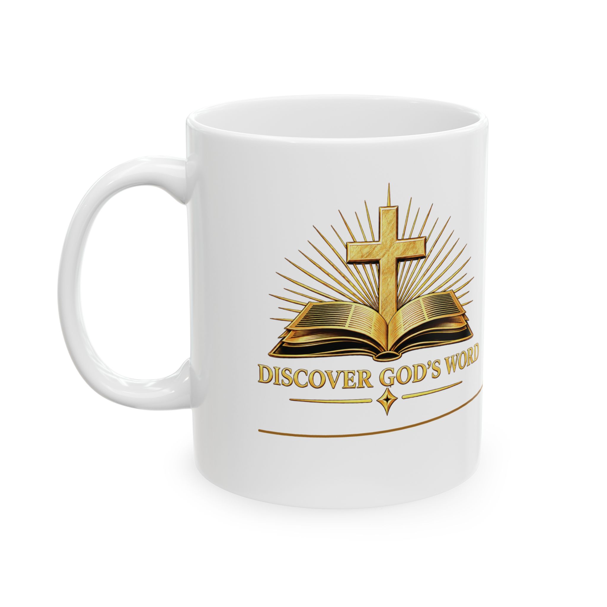 White Trust His Wisdom mug, reverse side with gold Discover God’s Word Bible and cross logo